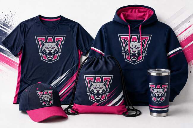 Custom high school team store apparel including a team shirt, hoodie, hat, bag and tumbler
